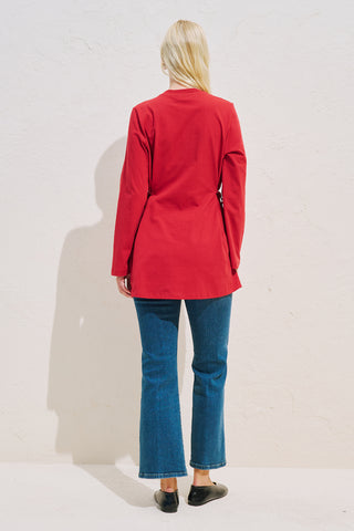 Waist Tie Long Sleeve T Shirt Red