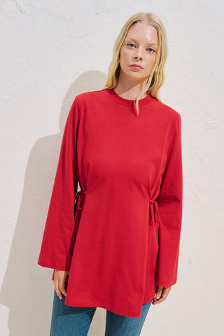 Waist Tie Long Sleeve T Shirt Red