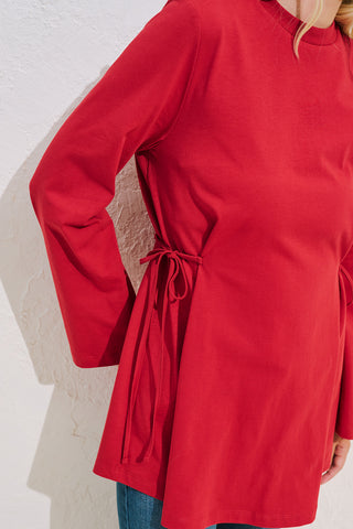Waist Tie Long Sleeve T Shirt Red