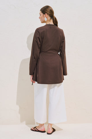 Waist Tie Long Sleeve T Shirt Dark Brown