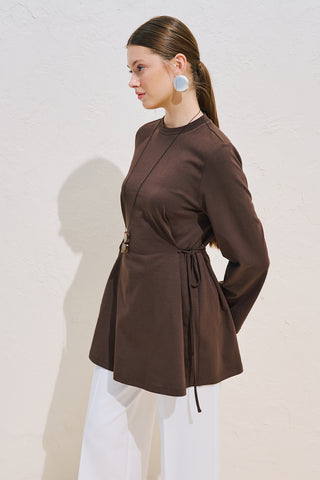 Waist Tie Long Sleeve T Shirt Dark Brown