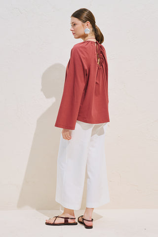 Relaxed Tie Detail Blouse With Gathered Finish Tile