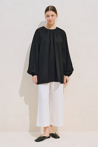 Belted Balloon Sleeve Tunic Black