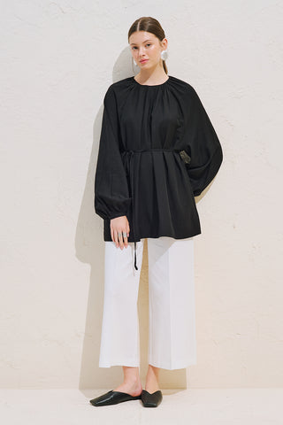 Belted Balloon Sleeve Tunic Black