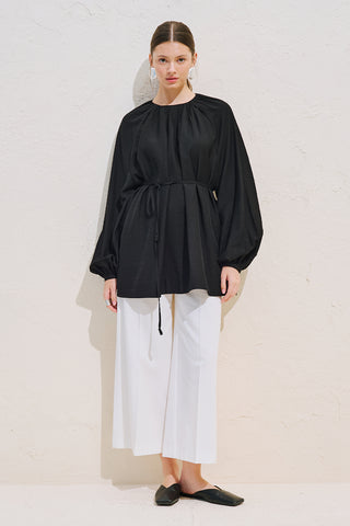 Belted Balloon Sleeve Tunic Black