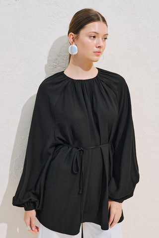 Belted Balloon Sleeve Tunic Black