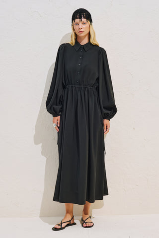 Draped Balloon Sleeve Dress With Adjustable Waist Black