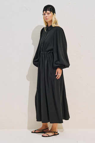 Draped Balloon Sleeve Dress With Adjustable Waist Black