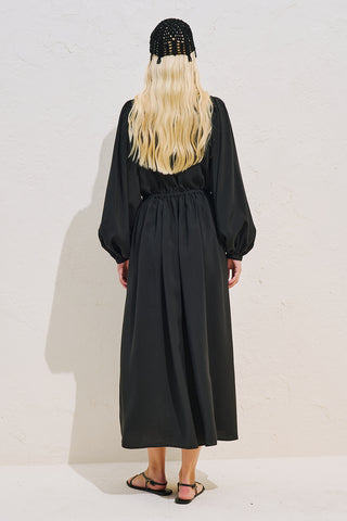 Draped Balloon Sleeve Dress With Adjustable Waist Black