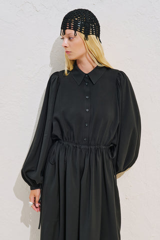 Draped Balloon Sleeve Dress With Adjustable Waist Black