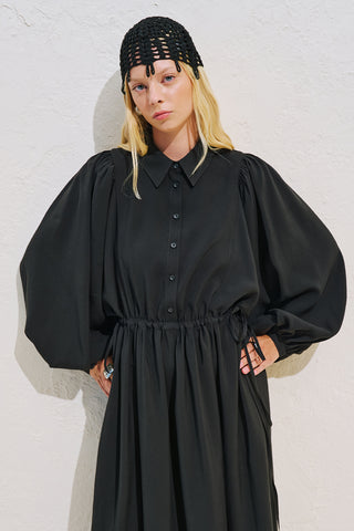 Draped Balloon Sleeve Dress With Adjustable Waist Black