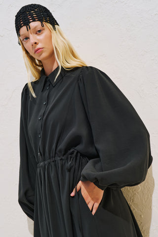 Draped Balloon Sleeve Dress With Adjustable Waist Black