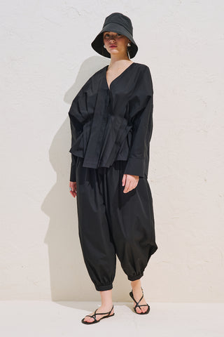 Pleated Waist Statement Shirt Black