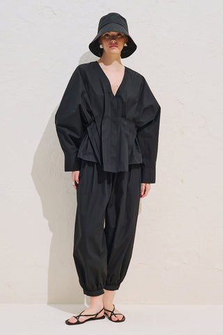 Pleated Waist Statement Shirt Black