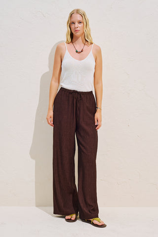Textured Tie Detail Trousers Dark Brown