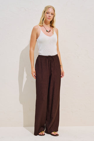 Textured Tie Detail Trousers Dark Brown