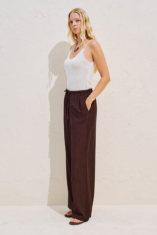 Textured Tie Detail Trousers Dark Brown