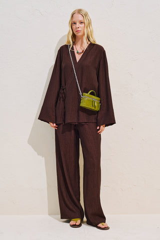 Textured Tie Detail Kimono Blouse Dark Brown