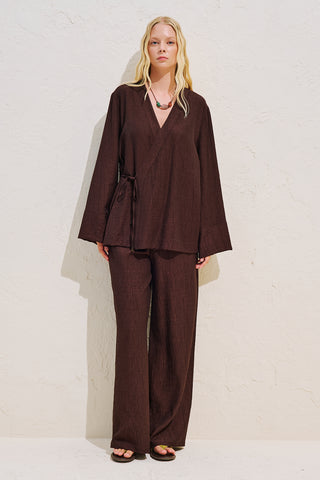 Textured Tie Detail Kimono Blouse Dark Brown