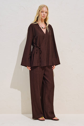 Textured Tie Detail Kimono Blouse Dark Brown