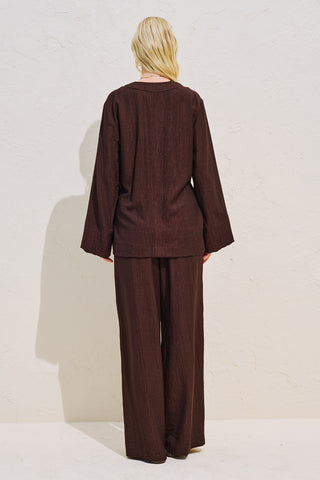 Textured Tie Detail Kimono Blouse Dark Brown