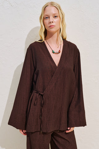 Textured Tie Detail Kimono Blouse Dark Brown