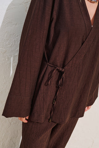 Textured Tie Detail Kimono Blouse Dark Brown