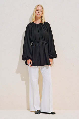 Textured Draped Balloon Sleeve Tunic Black