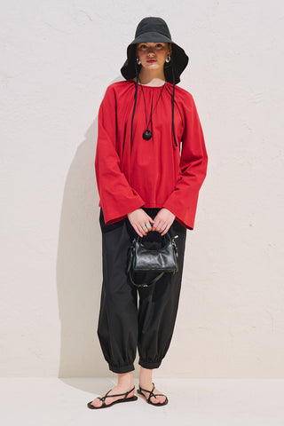 Relaxed Tie Detail Blouse With Gathered Finish Red