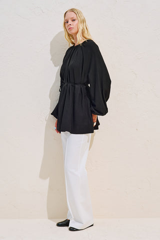 Textured Draped Balloon Sleeve Tunic Black