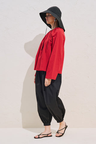 Relaxed Tie Detail Blouse With Gathered Finish Red