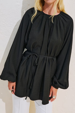 Textured Draped Balloon Sleeve Tunic Black