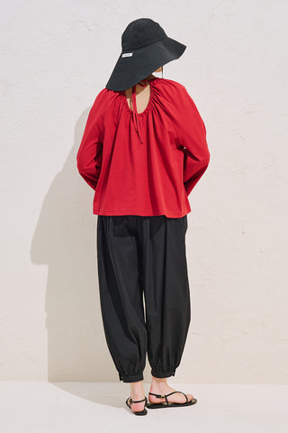 Relaxed Tie Detail Blouse With Gathered Finish Red