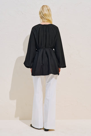 Textured Draped Balloon Sleeve Tunic Black