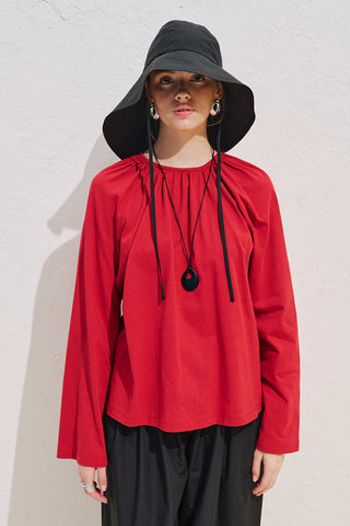 Relaxed Tie Detail Blouse With Gathered Finish Red