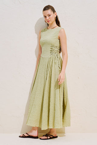 Textured Sleeveless Dress With Side Tie Pistachio
