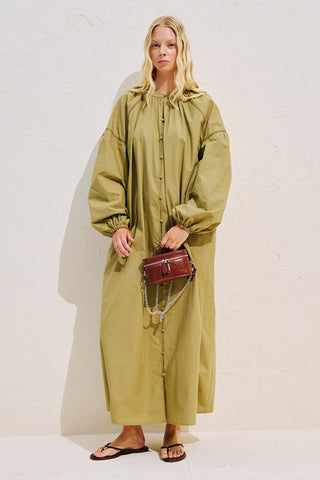 Striped Balloon Sleeve Maxi Dress Khaki