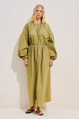 Striped Balloon Sleeve Maxi Dress Khaki