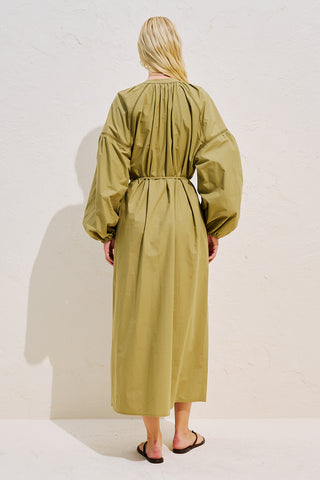 Striped Balloon Sleeve Maxi Dress Khaki