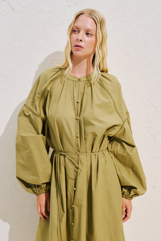 Striped Balloon Sleeve Maxi Dress Khaki
