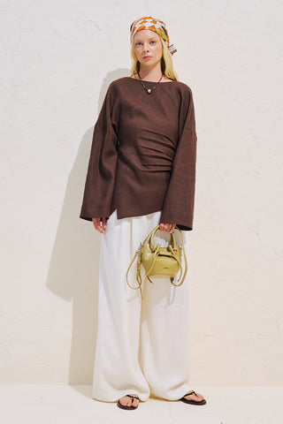 Linen Asymmetric Long Sleeve Blouse Dark Brown