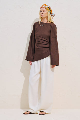 Linen Asymmetric Long Sleeve Blouse Dark Brown
