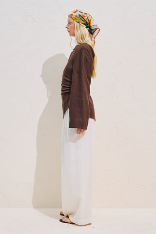 Linen Asymmetric Long Sleeve Blouse Dark Brown