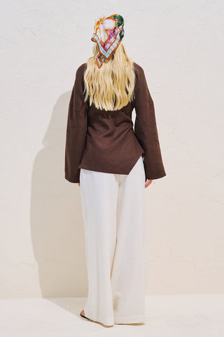 Linen Asymmetric Long Sleeve Blouse Dark Brown