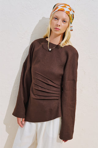 Linen Asymmetric Long Sleeve Blouse Dark Brown