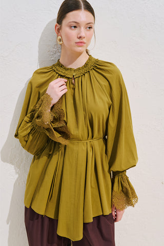 Lace Sleeve Edition Blouse Olive Green
