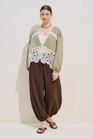 Lace Detail Muslin Blouse Sage Green