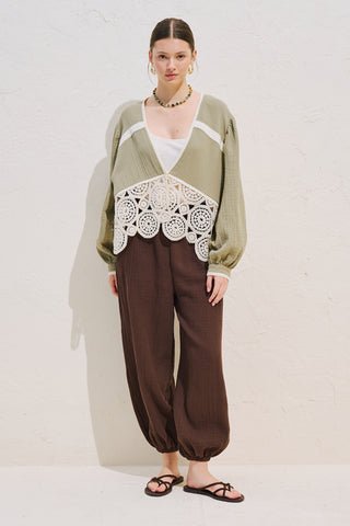 Lace Detail Muslin Blouse Sage Green