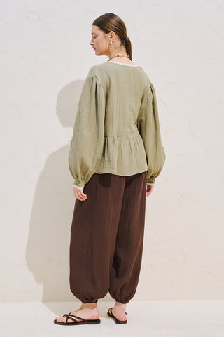 Lace Detail Muslin Blouse Sage Green
