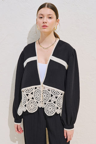 Lace Detail Muslin Blouse Black